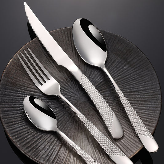 30-piece stainless steel cutlery set for restaurants and hotels, including steak knives, dinner forks, dinner spoons, and dessert spoons.