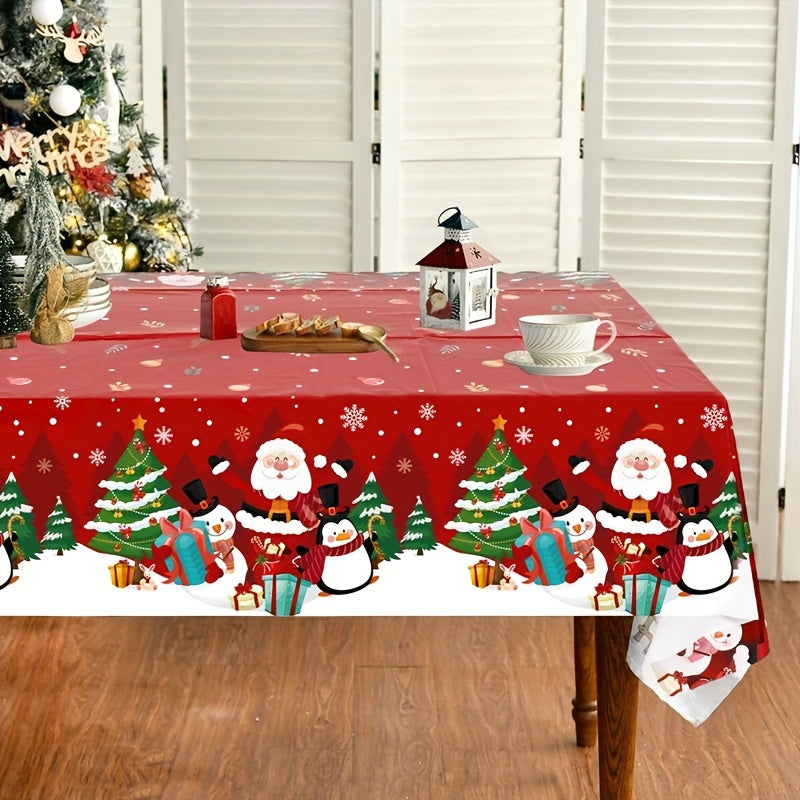 1 piece Christmas tablecloth featuring Santa, penguin, and snowflake design on red background. Made of smooth polyester, measuring 130x220cm. Ideal for parties, gifts, and home decor.