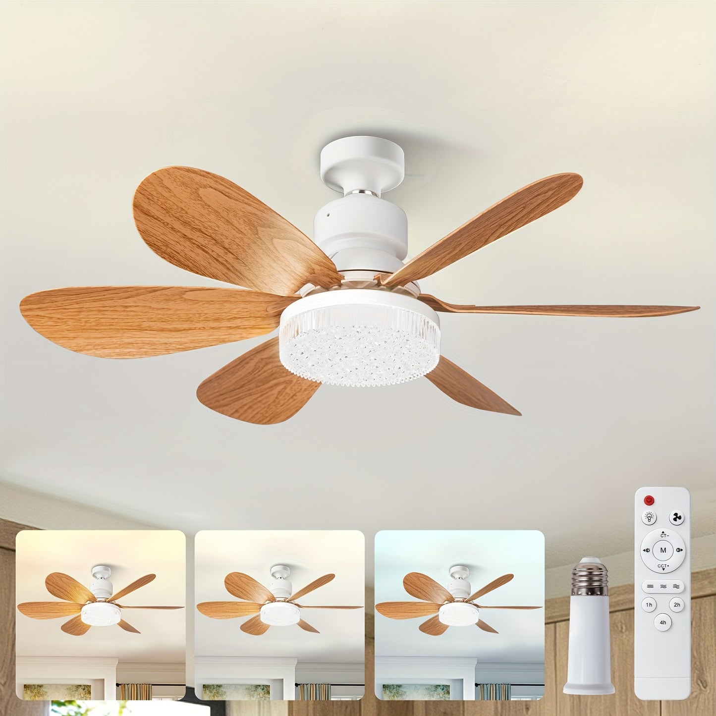 SURNIE Modern Matte Ceiling Fan with Remote Control featuring 6-Blade Wood Grain design, Dimmable LED Bulb, 3 Speeds, E27 Base, Indoor Use for Bedroom, Kitchen, Living Room - Compatible