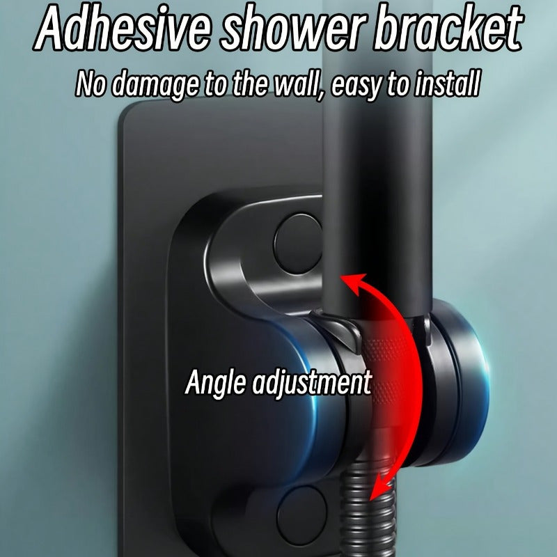 Handheld shower head with 5 adjustable modes. Wall-mounted round plastic design includes bracket, flexible hose. Modern shower accessory with space-saving plastic construction.