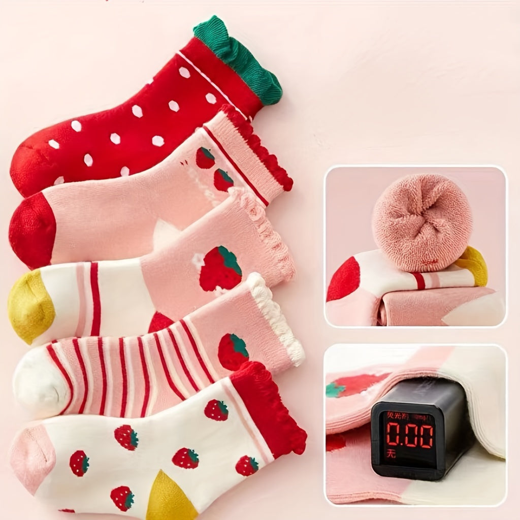 5 pairs of comfortable and breathable strawberry-style children's socks in versatile colors, made from high-grade knitted fabrics. Quality guaranteed and the perfect gift for kids.