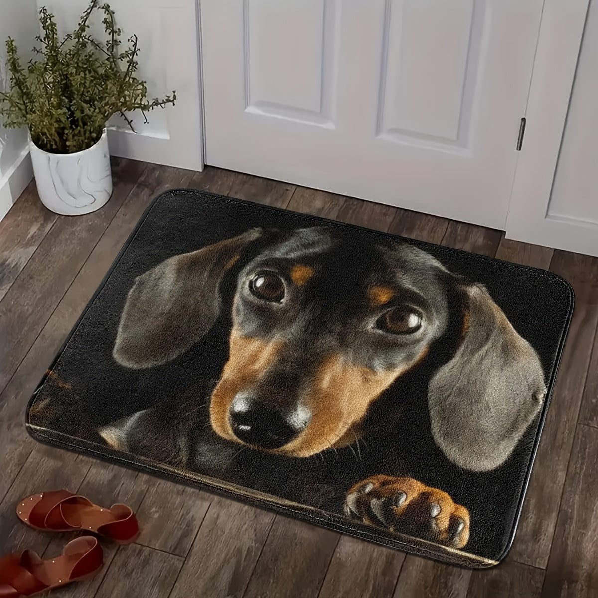 Machine washable, soft and absorbent Black Dachshund Dog Print Door Mat with non-slip backing for home entrances.