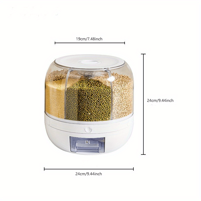 Large capacity rotating rice bucket with multiple grids for storing cereals and grains. This moisture-proof and insect-proof sealed container is perfect for rice, flours, dog food, and pet food. Keep your household airtight with this convenient rice