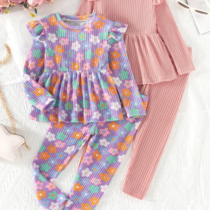 (Floral + Solid) 2 Sets Girls Long Sleeve Peplum Tee + Casual Pants Co-ords Set - Cute Spring/Fall Outdoor Clothes Gift