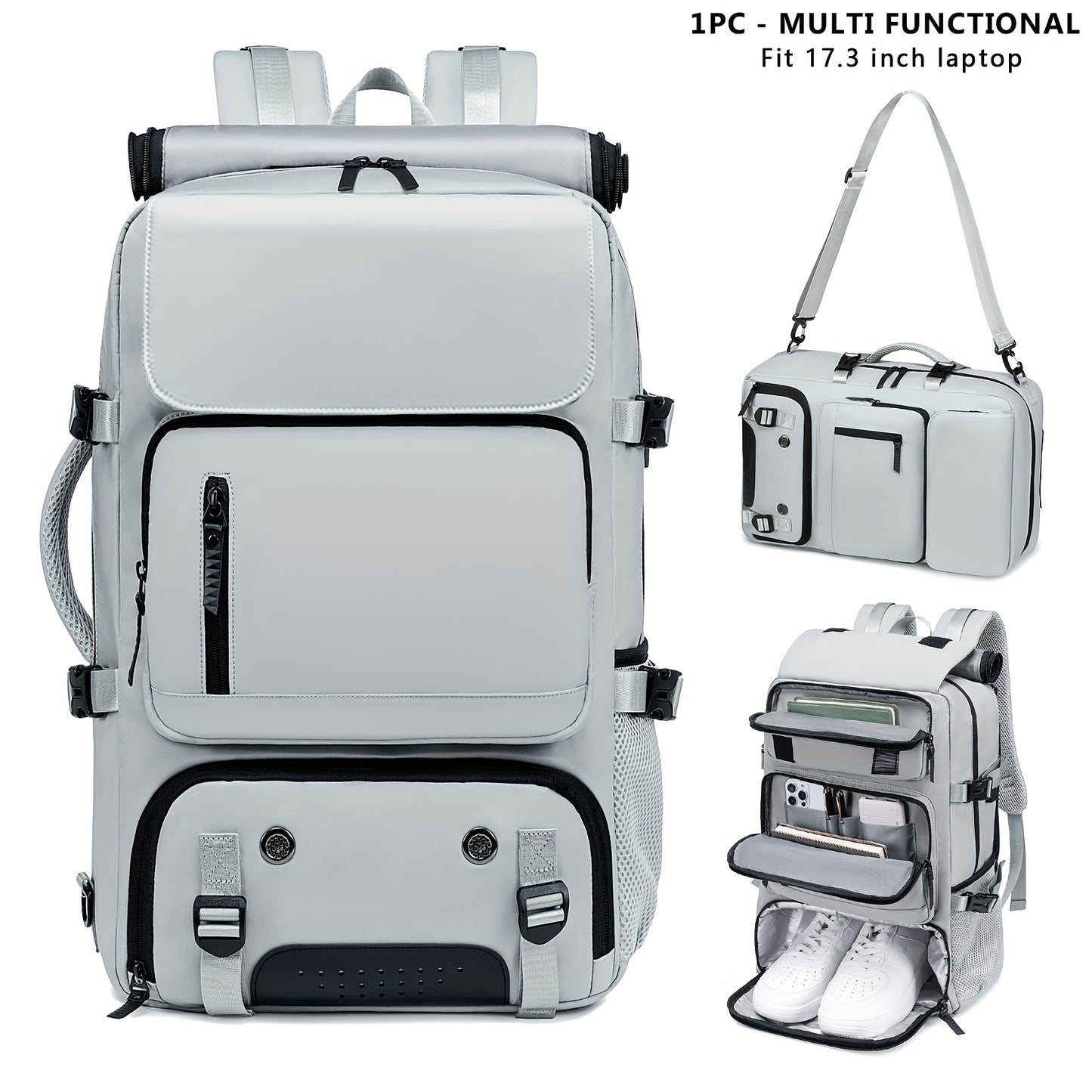 Versatile large backpack with shoe compartment & USB port for outdoor activities, business, and college. Great gift idea for men and women.