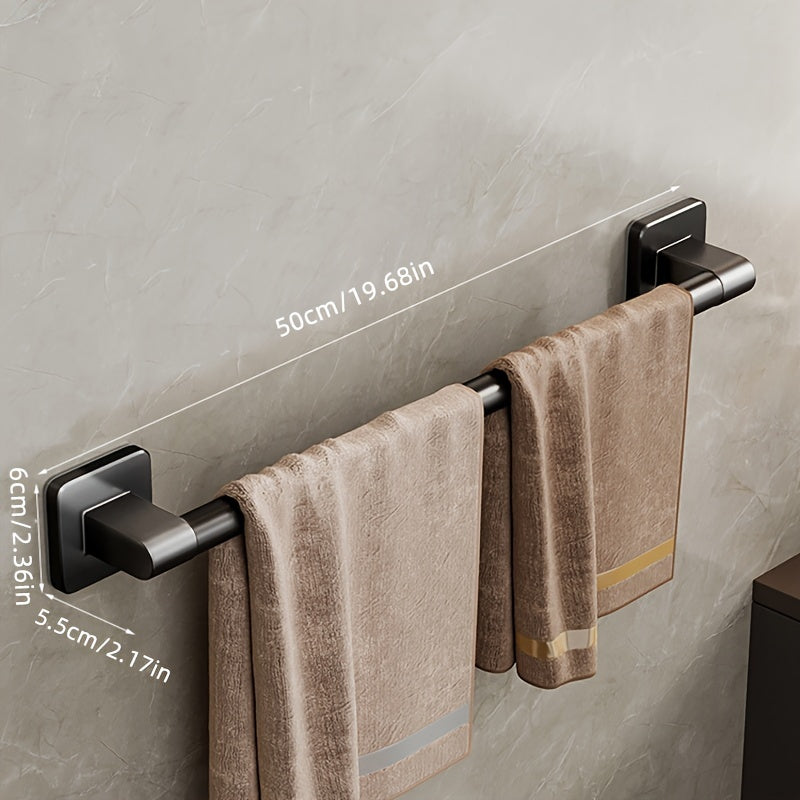 Wall-mounted towel rack for bathroom made of durable space aluminum and plastic. Easy installation with no drilling required. Single rod design for organizing towels.