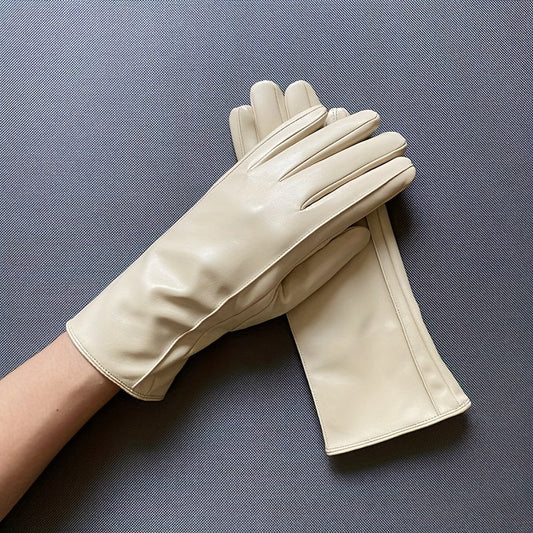 Warm Women's Gloves for Outdoor Driving, Windproof with Plush Lining in Solid Color PU Leather for Winter