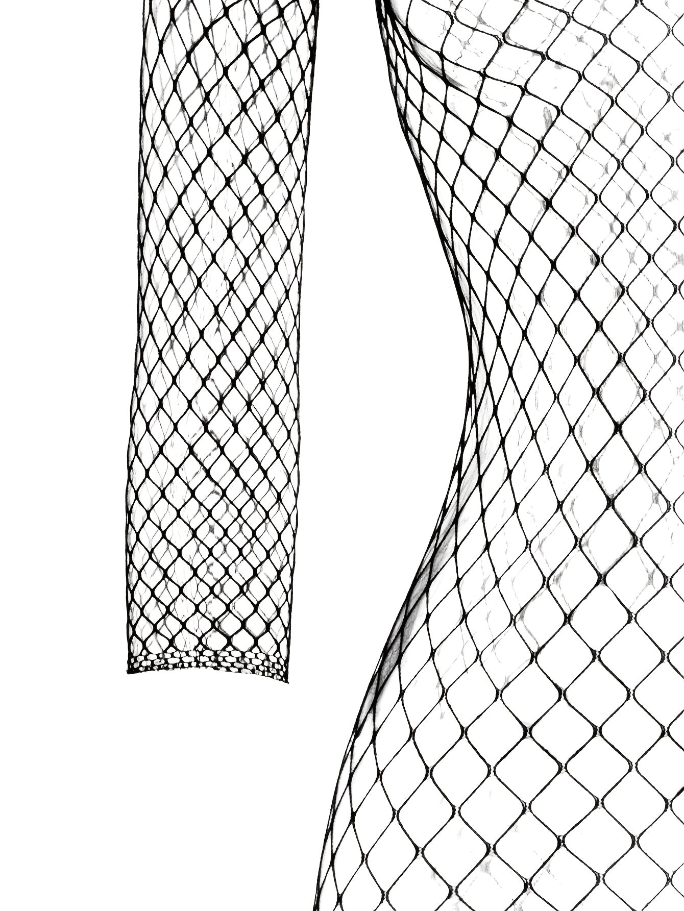 One-shoulder sexy bodystocking in fishing net material.