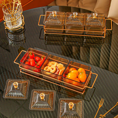 New holiday-themed dried fruit plate trays with multiple compartments for snacks and desserts.