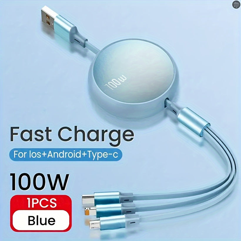 Retractable USB charging cable with 6A 100W fast charging for iPhone, Huawei, Samsung, etc. Data sync speed of 480Mbps and USB power supply under 36V.