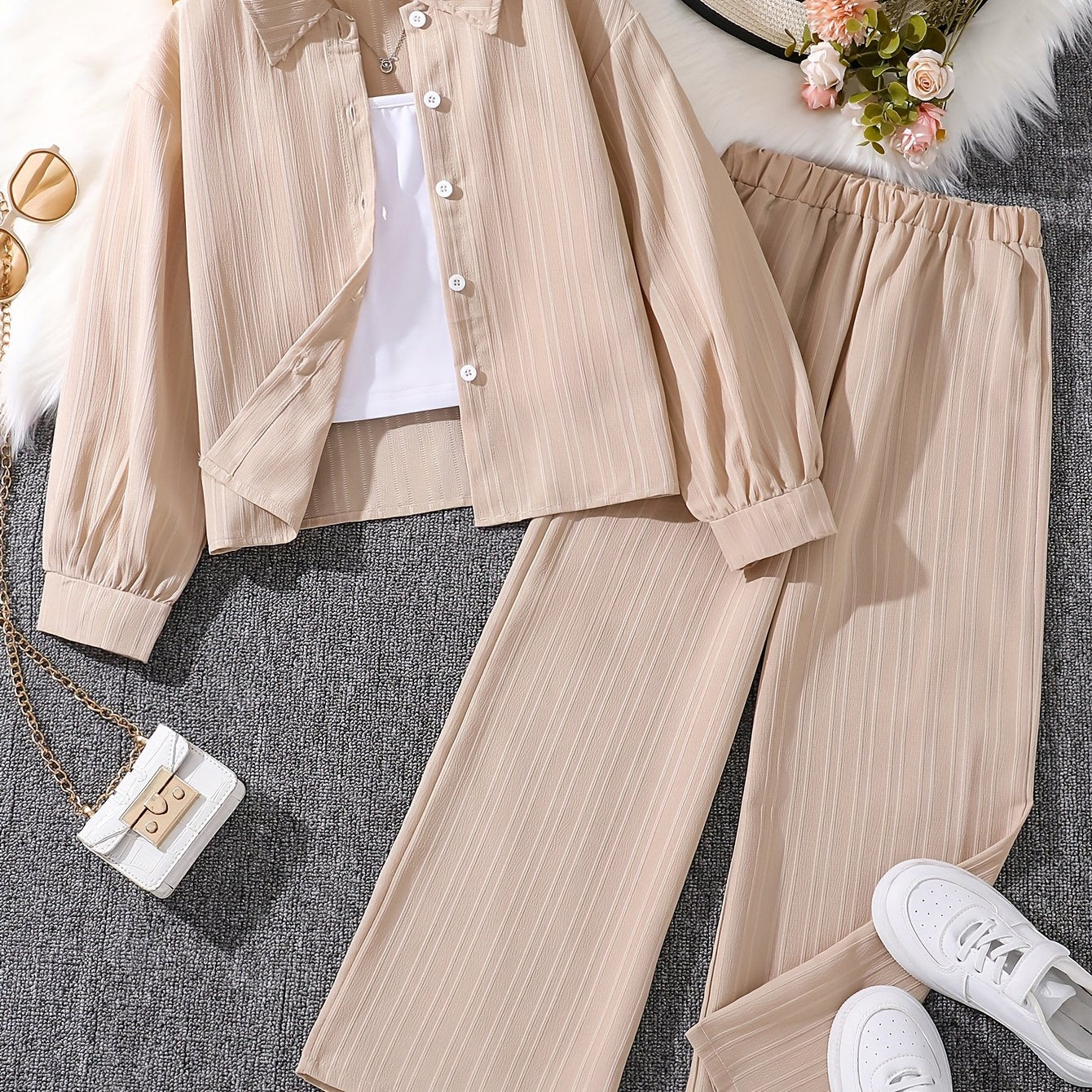 Girls' Clothing Set for 8-12 years featuring a loose 2-piece solid color outfit with a textured button blouse and wide-leg pants in a stylish and simple Korean style. Perfect for daily