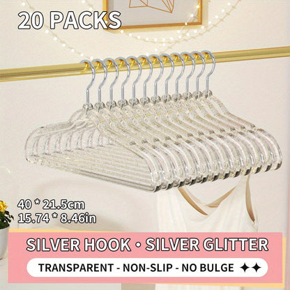 Set of 20 Plastic Transparent Clothes Hangers for Drying and Organizing Clothes, Non-slip and Non-marking Design, Ideal for Closets, Wardrobes, Home, Dorms, and Rental Housing.