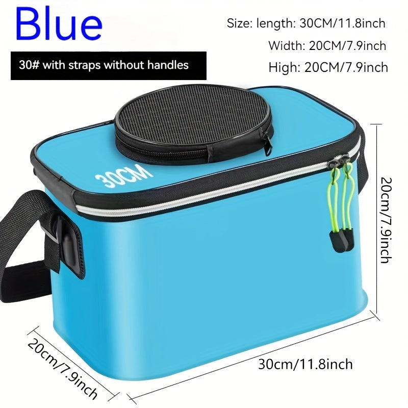 Compact EVA fishing gear bag with collapsible live fish bucket and tackle storage, waterproof and zip closure for camping.