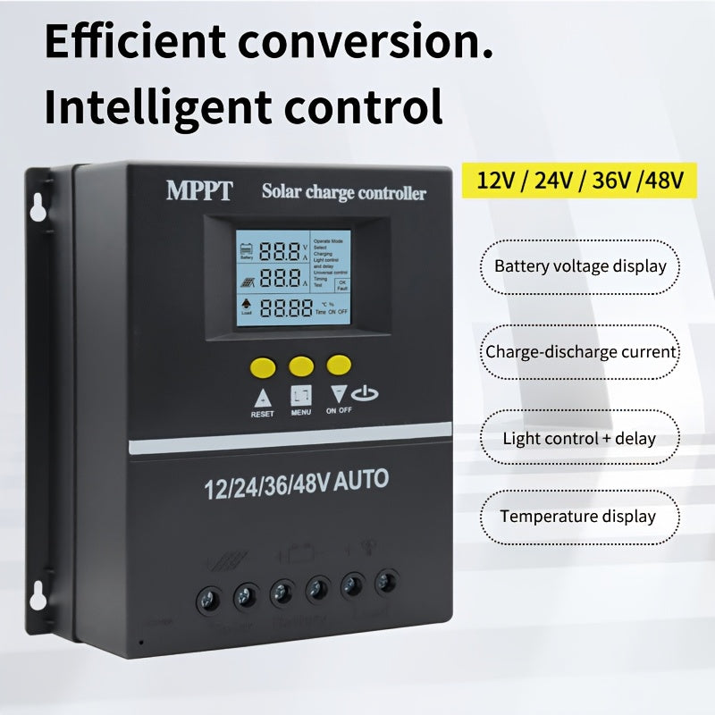 MPPT Solar Charge Controller supports multiple voltage options with LCD display, dual USB output for phone charging, compatible with lead-acid and lithium batteries, and features automatic