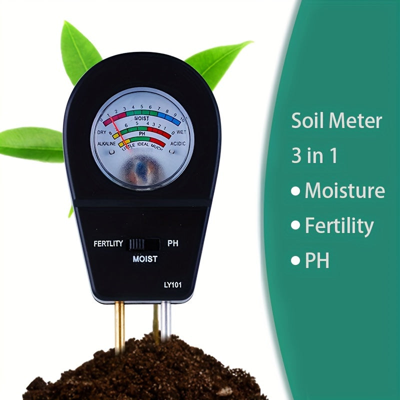 The Three-In-One Soil Tester is a handy tool for gardening, requiring no batteries and easy to use.