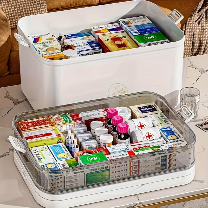 Durable multi-layer pill organizer box with handle for home and travel. Transparent plastic, non-food contact.