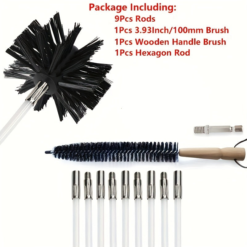 This kit includes a set of flexible 9/18 flexible rods for cleaning dryer vents and pipes, along with a 1/2 inch brush head cleaning brush and a dryer lint brush. It can also be used for cleaning fireplaces.