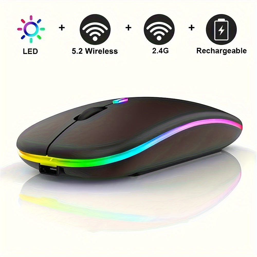 Rechargeable wireless gaming mouse with LED backlight, dual-mode 2.4G/5.2, slim design for laptops and desktops.