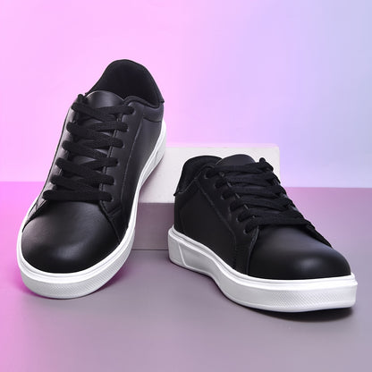 Black lace-up sneakers for women, versatile and comfortable for outdoor activities.