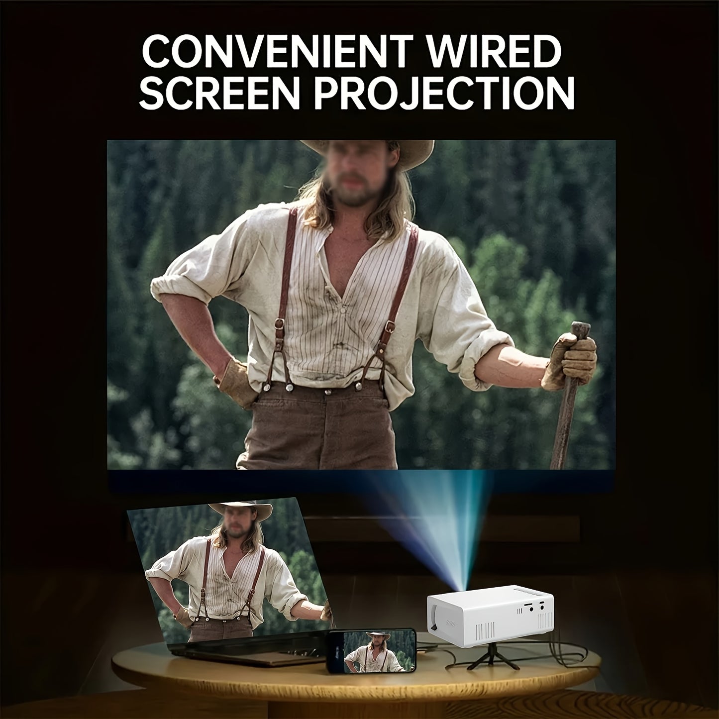 Compact ZRZTM Micro Projector with fast focus, 1080P compatibility, 320P native resolution, 30000 hours lifespan. Portable and ideal for home bedroom use, compatible with TV sticks