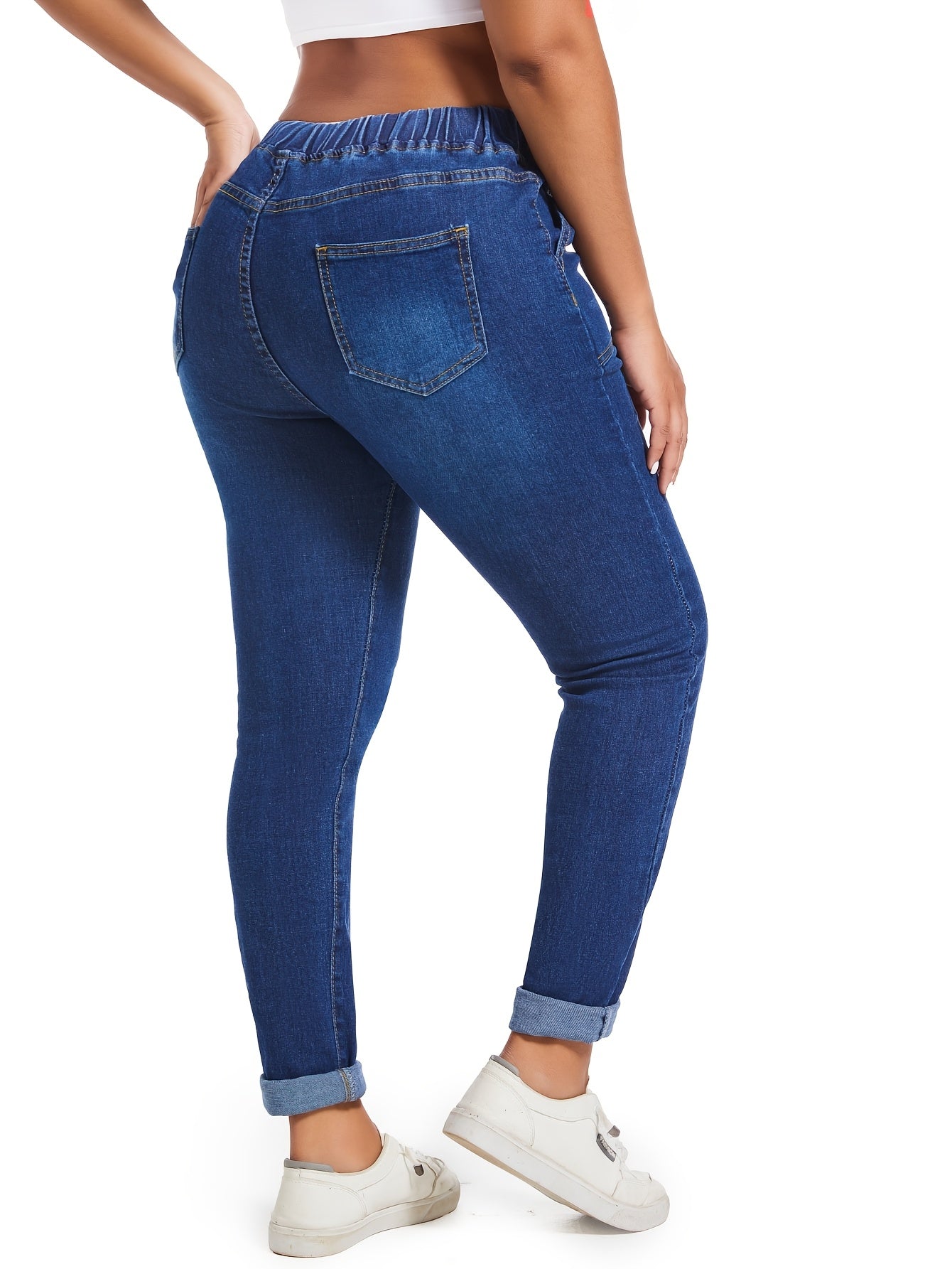 Vintage style women's plus size skinny jeans with drawstring waist, made of 49% polyester and 3.0% spandex denim.