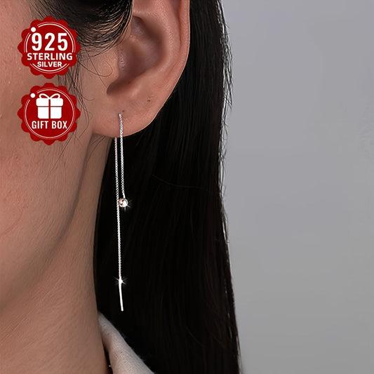 Sterling Silver Hypoallergenic Earrings with Long Tassel Ear Line, Perfect Gift for Wedding or Fashionable Women. Light Luxury Style, Simple and Small Round Ball Chain Design (2 pieces, about 0.9g)