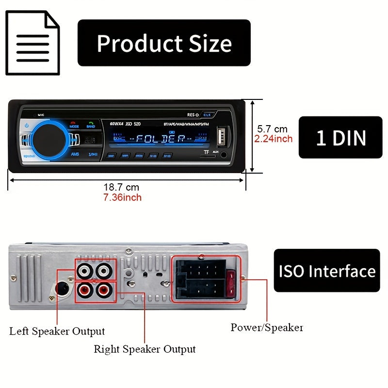 Universal car radio MP3 player with wireless FM, USB aux input, color display, voice navigation, and no battery needed.