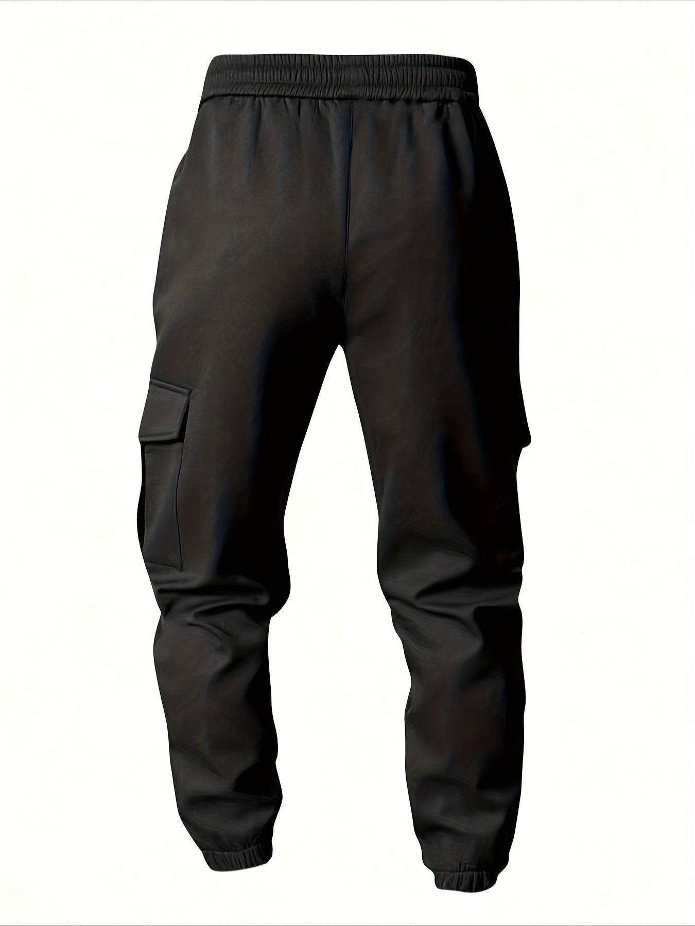 Men's winter cargo pants with solid color and non-stretch fabric, regular fit with drawstring, fleece-lined for warmth, available in plus size.