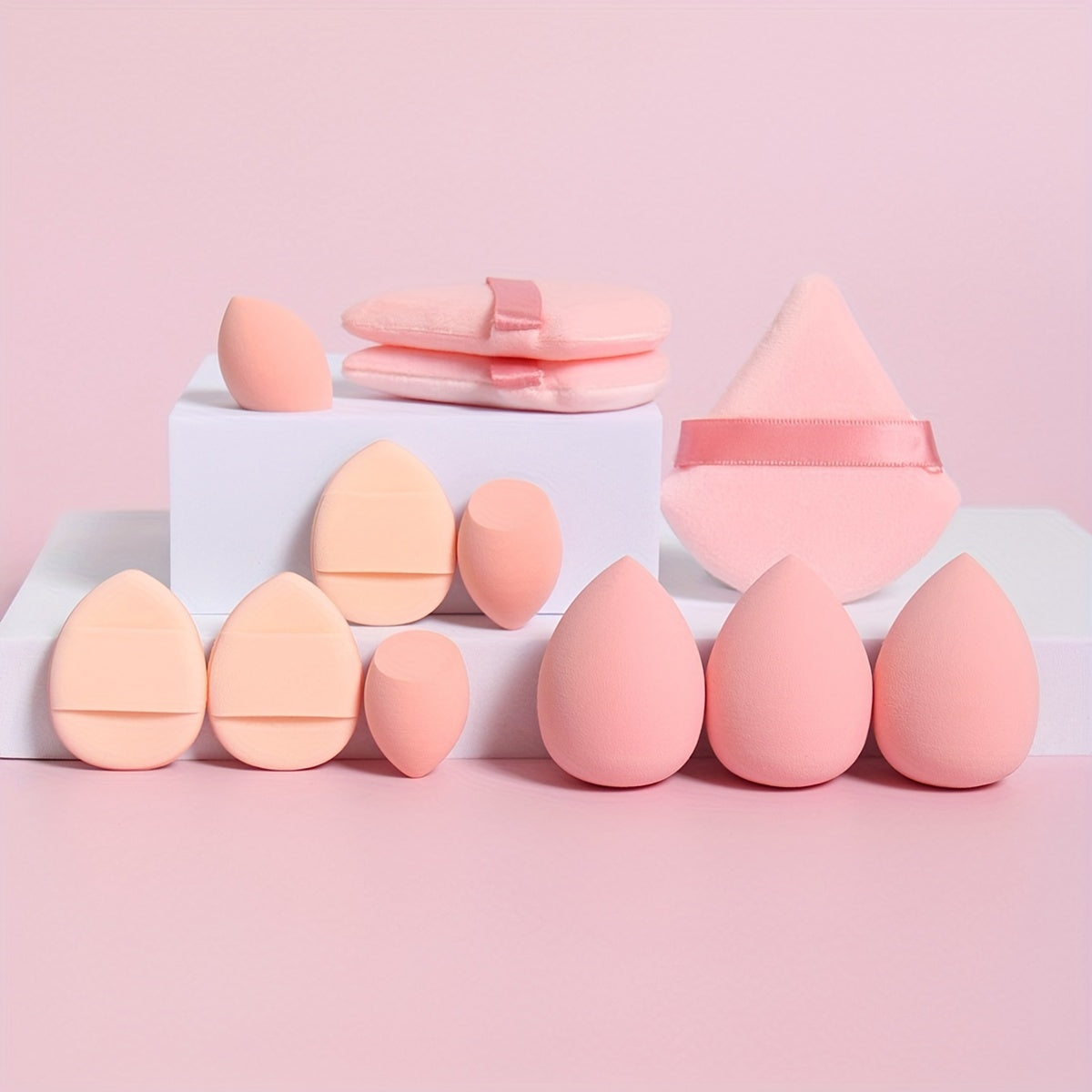 12pcs makeup sponge set includes loose powder puffs, mini air cushion puffs, makeup sponges, and mini makeup sponges. Latex-free, suitable for all skin types.