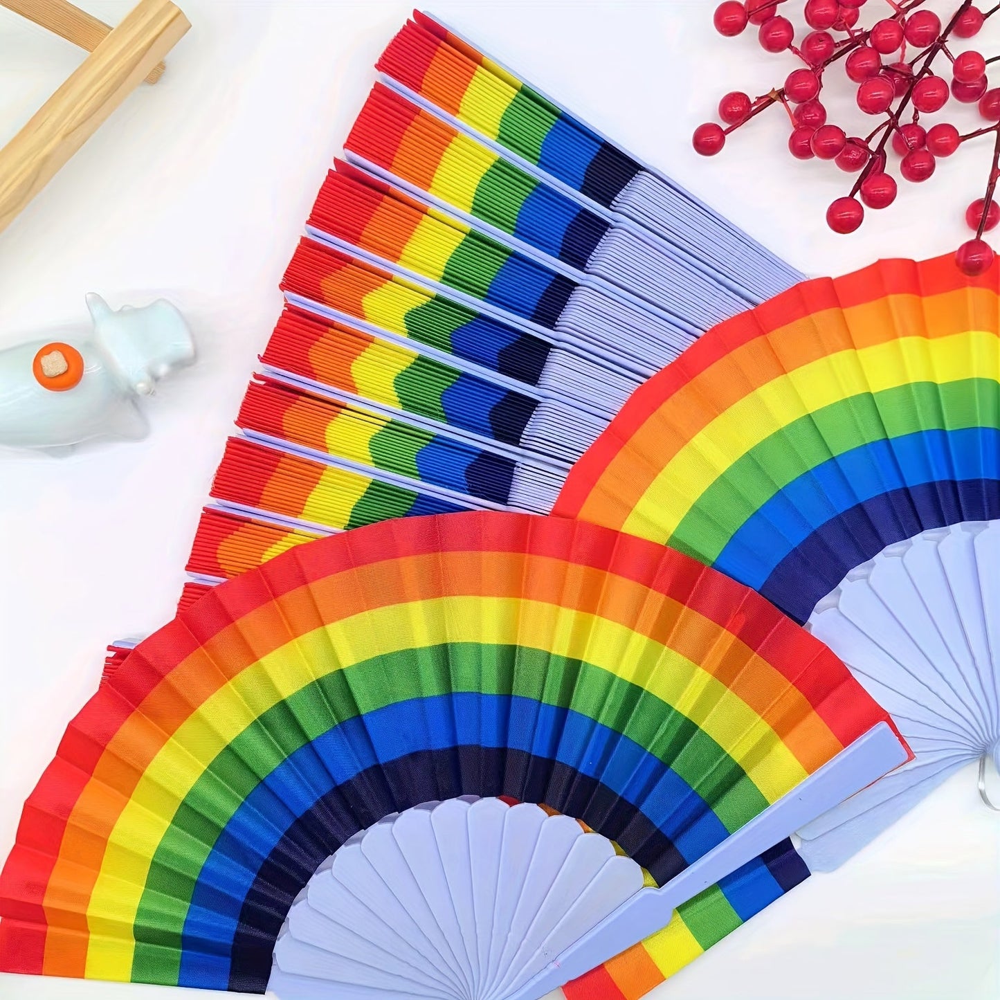 Set of 3/6/12 Elegant Rainbow Folding Fans, Dance Props, Fabric Handheld Fan Set, Vibrant Party Favors And Decorations