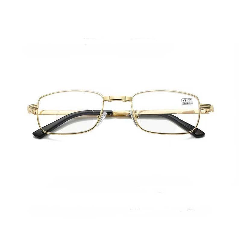 Foldable Golden Dual Light Reading Glasses with Bi-Focal Lenses (+1.0~+4.0) in Stylish Metal Frame. Portable and Scratch-Resistant for Office, Home & Travel. Comes with Case.