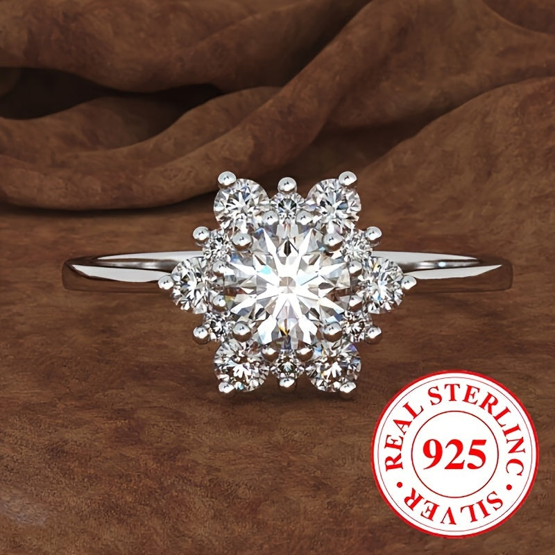 Exquisite Sterling Silver Flower Cluster Ring with Shimmering Cubic Zirconia, Snowflake Band - Perfect Gift for Women, Timeless Wedding Jewelry in Elegant Style (No Box)