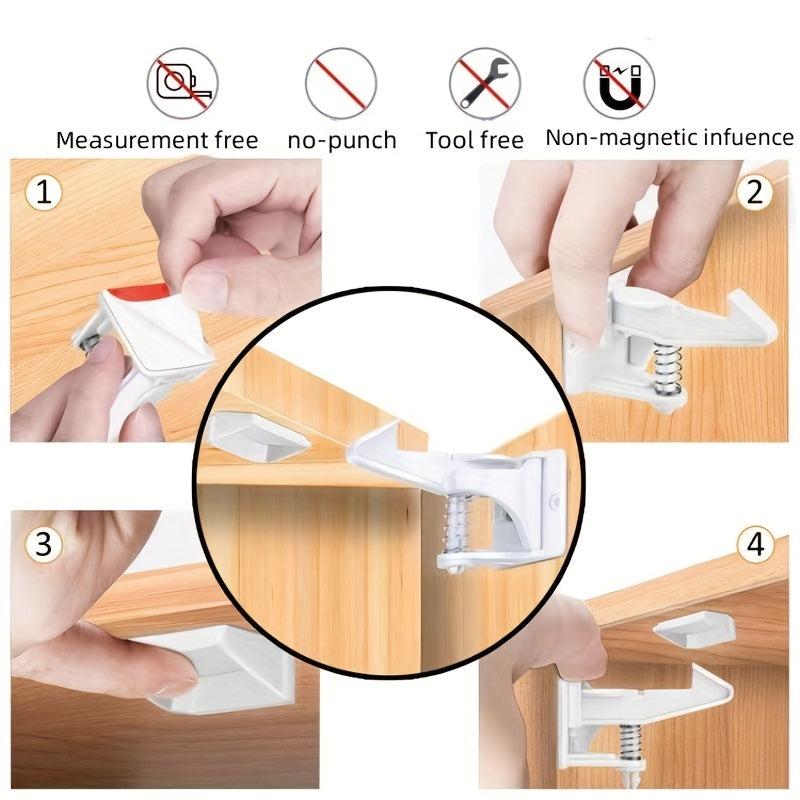 Baby-proofing your cabinets just got easier with these Child Safety Cabinet Locks. This set includes 4pcs of latches with upgraded stronger adhesive for easy installation. Works with most cabinets and drawers without the need for drilling. Available in