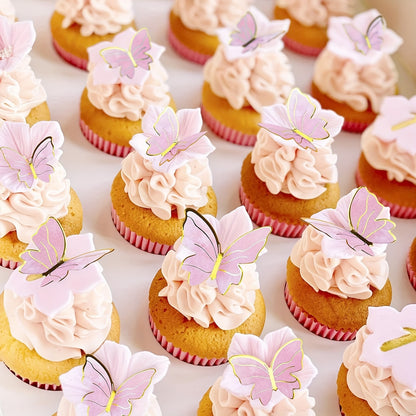 40 pieces of butterfly cake decorations, including 3D cupcake and wall decorations in pink and purple for birthdays, anniversaries, and parties.