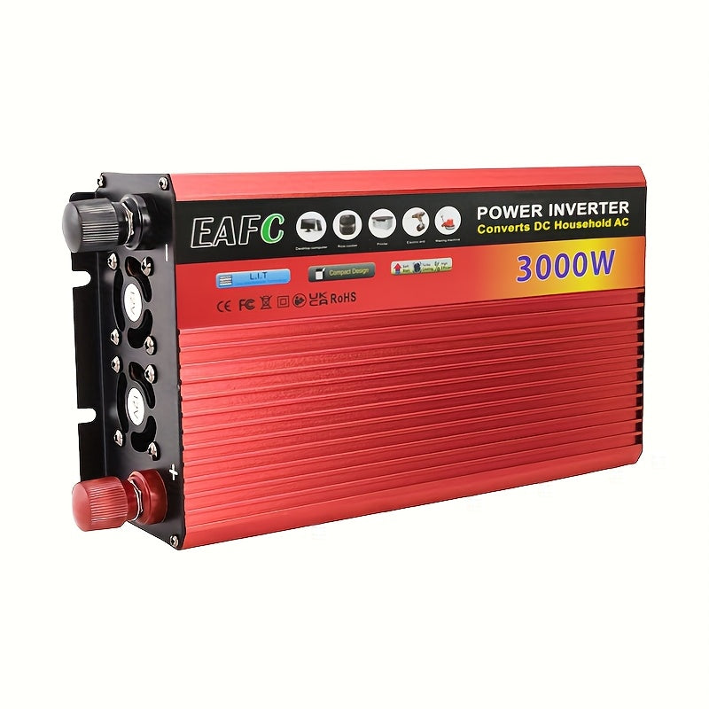 3000W Portable Inverter converts DC 12V to AC 220V for use in vehicles.