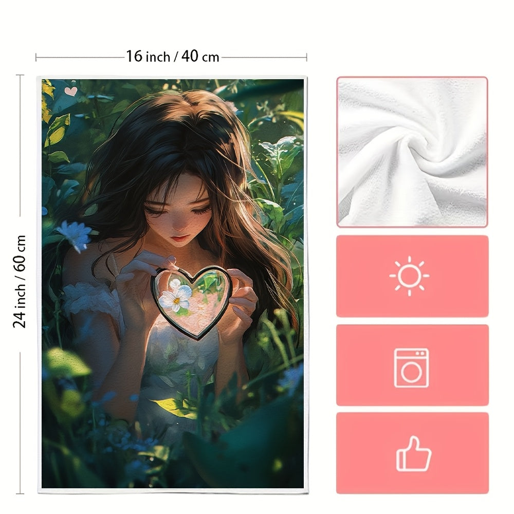 This set includes two ultra-soft kitchen towels featuring an anime girl with long brown hair holding a heart-shaped magnifying glass as she explores a garden. These highly absorbent dish towels are ideal for holiday decoration, can be machine washed, and