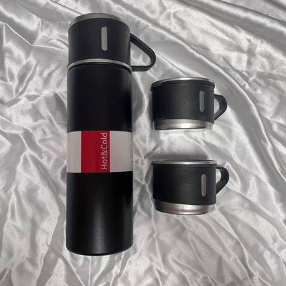 440ml stainless steel vacuum cup bottle with 2 cup lids. Perfect for hot/cold beverages, ideal for elderly, commuting, school, outdoor activities. Great gift for any season.