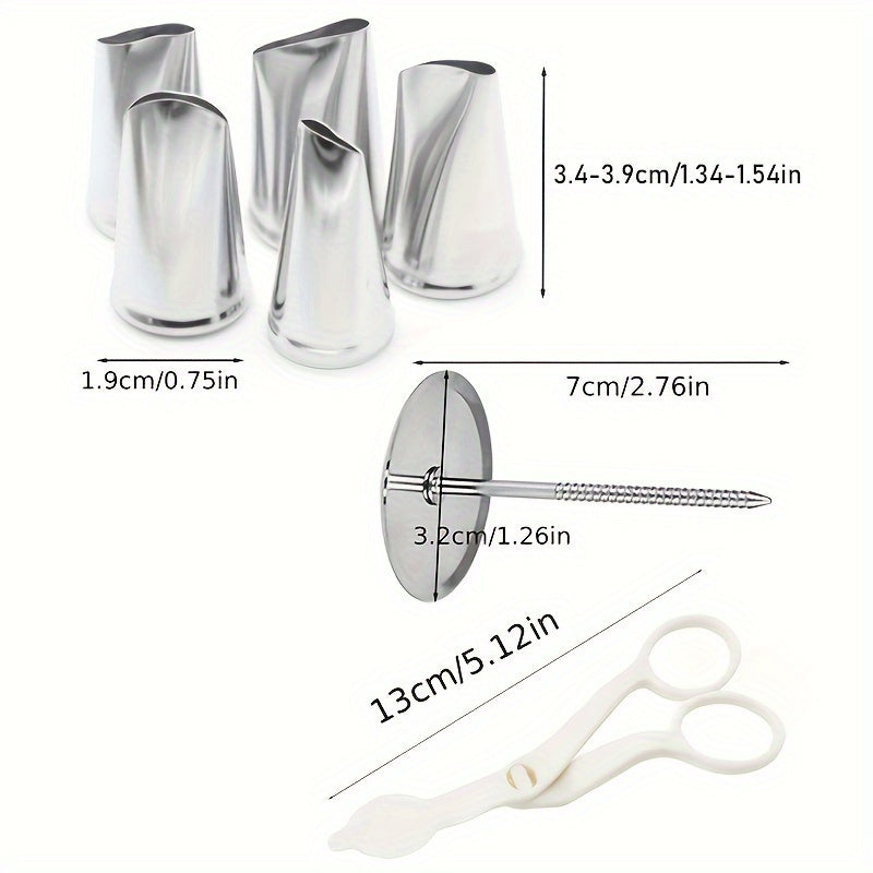 Stainless Steel Cake Decorating Set with 7 Pieces - Features Rose Piping Tips, Scissors, and Nails for Baking and Desserts