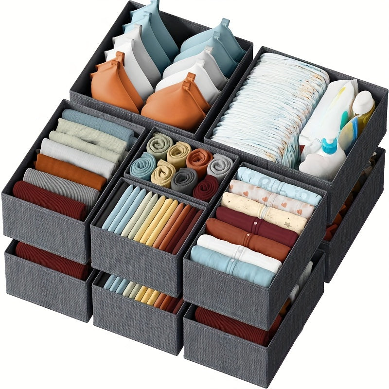 12 Clothes Drawer Organizer Bins for Nursery and Bedroom. Non-woven fabric containers for baby clothing storage, hand washable. Ideal for closet and dresser organization.