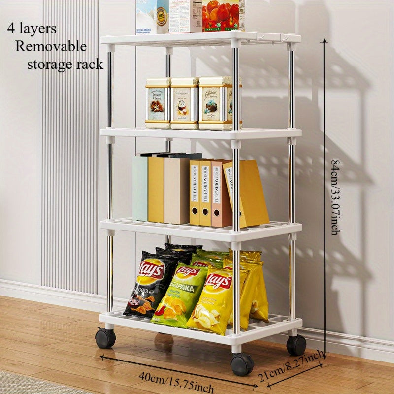 Rolling Storage Rack Organizer featuring Multiple Tiers, Constructed from Metal and Plastic, Easy to Move with Wheels, Ready to Use with No Assembly Needed, Ideal for Kitchen, Bathroom, Snacks, and Shoes Storage.