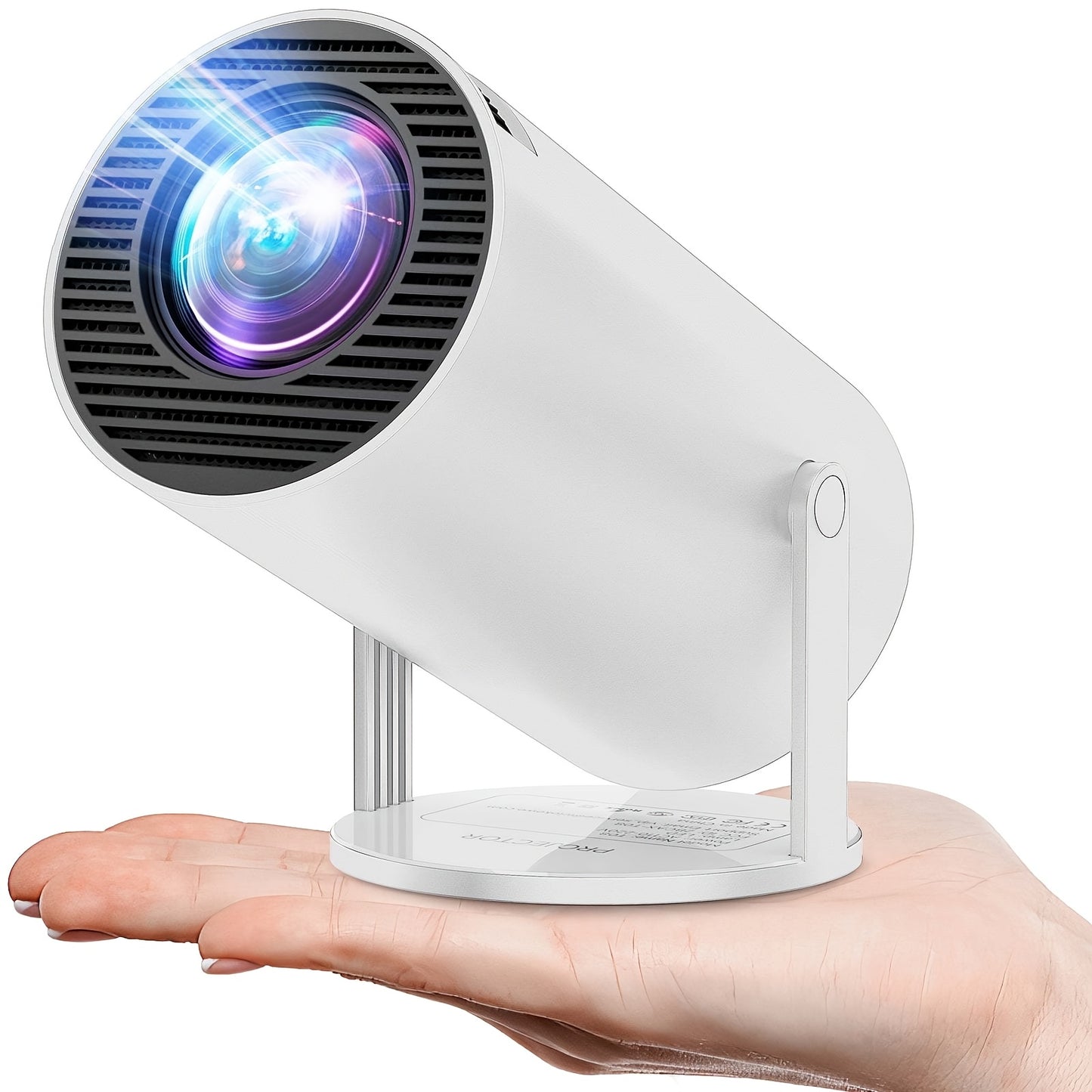 HY300 Pro Mini Portable Projector with auto horizontal correction, 180° rotatable design, and compatibility with phones. Features Wi-Fi 6, BT5.2, and runs on Android 11. Ideal for outdoor