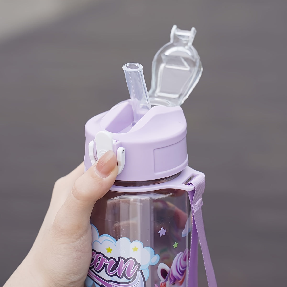 Pony-themed 25oz leakproof water bottle with straw is ideal for camping, travel, and fitness. Durable plastic, PVC-free, perfect for Christmas and Halloween. Hand wash only.