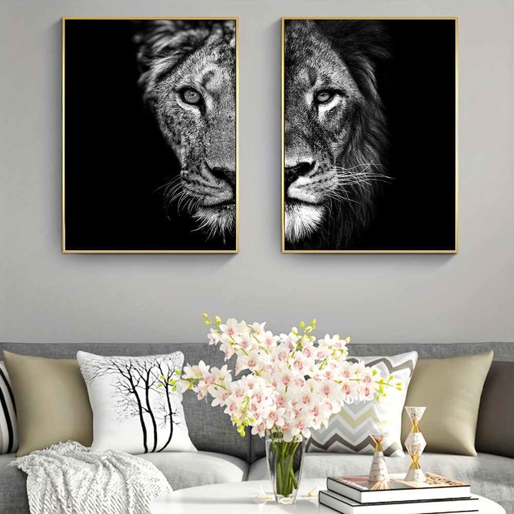 African Lion Wall Poster Set - Frameless Canvas Painting - 15.7x23.6in - Black and White Design