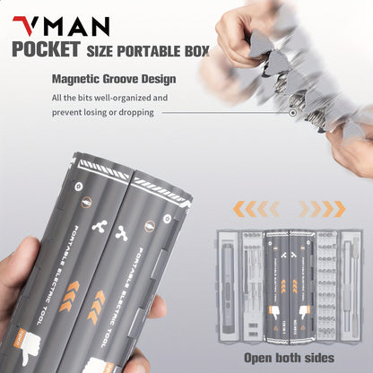 VMAN 138-in-1 Precision Electric Screwdriver Set with Battery/USB Dual Power Mode, Chrome Vanadium Steel, 230mAh Lithium Polymer Battery, ≤36V Operating Voltage for Mobile Phones, Cameras