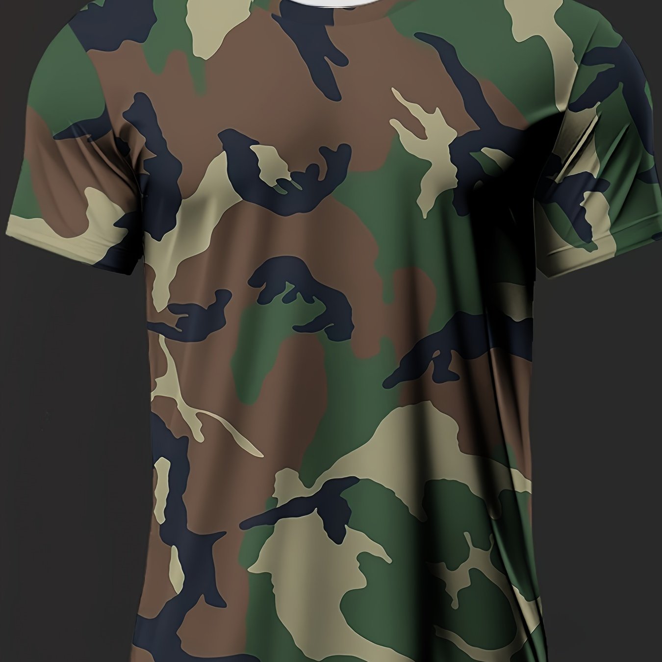 Men's Camo Print Summer Shirt - Short Sleeve, Breathable Polyester, Round Neck