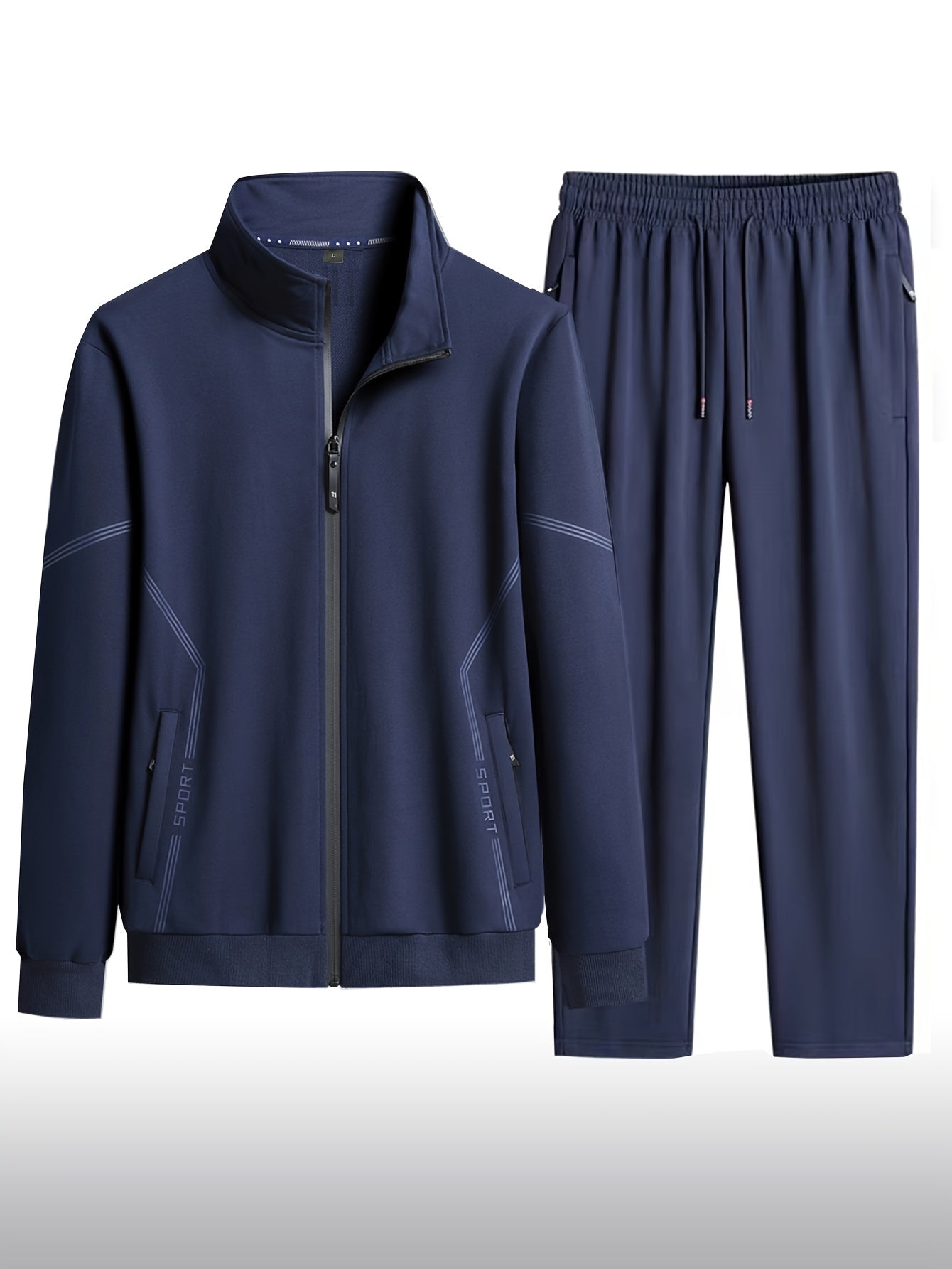 Men's casual sportswear set includes a stand collar zip-up jacket and drawstring pants made of polyester. Suitable for outdoor activities and business. Machine washable. Ideal for