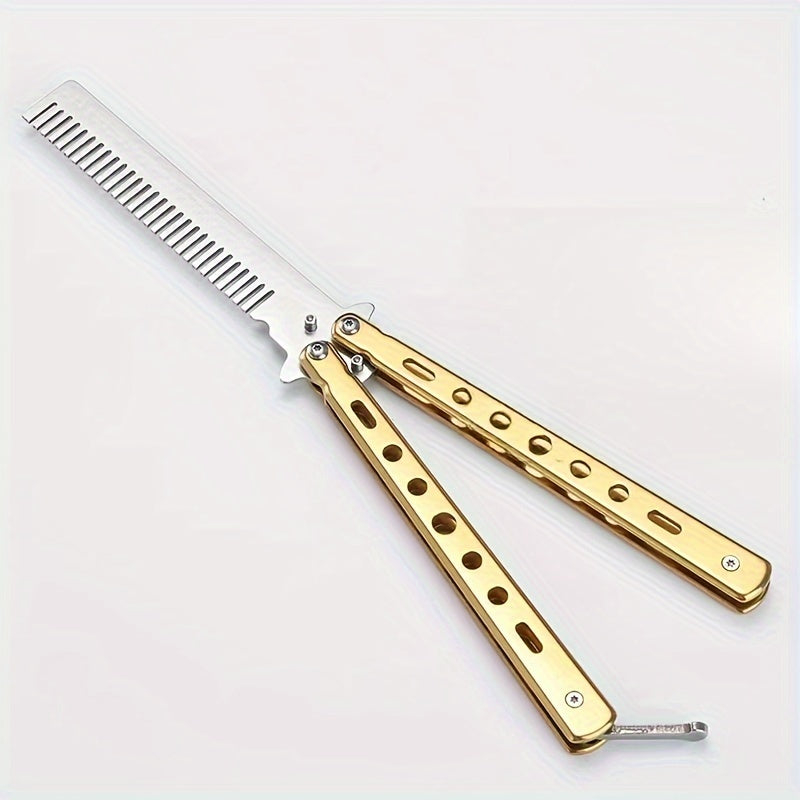 Fine toothed stainless steel Butterfly Blade Comb with metal handle for regular hairstyle and finger dexterity practice. Foldable, portable, and durable, suitable for outdoor camping.