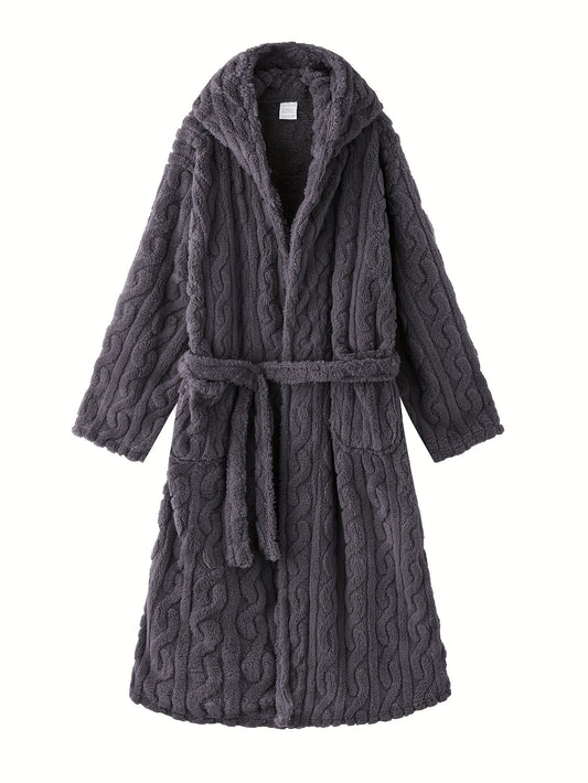 Cozy cable-knit fleece robe for cold seasons.