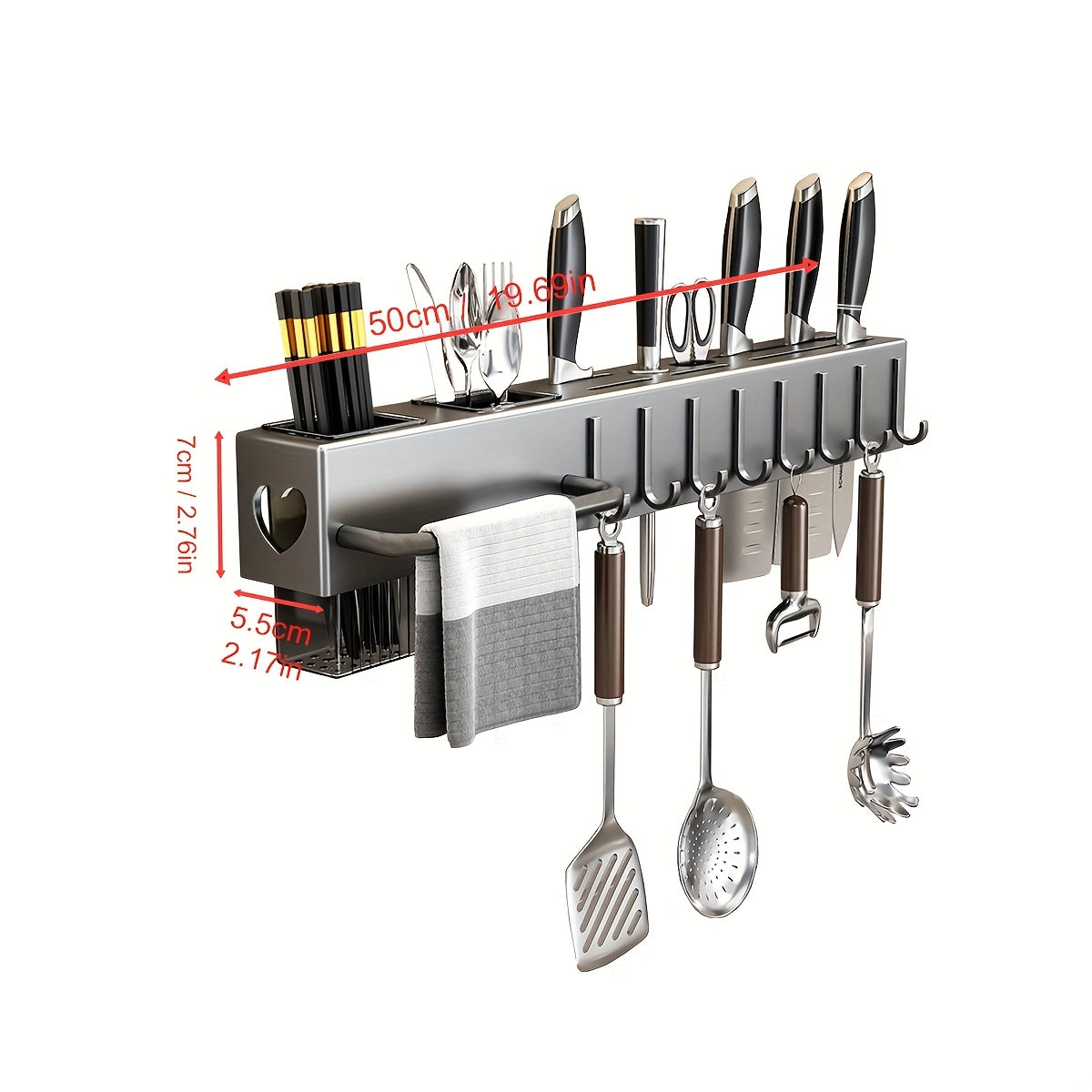 Wall-mounted kitchen utensil holder with hooks, no-drill installation for metal and plastic storage rack. Multi-functional organizer for cookware and cutlery, saving space in the kitchen with a convenient tool shelf and accessories.