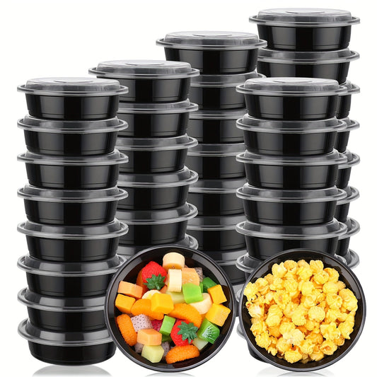 24oz plastic black bowls with lids available in packs of 10, 30, or 50. These round food storage containers are BPA free, stackable, and leakproof. They are microwave safe and perfect for storing leftovers or meal prep. A must-have kitchen gadget and